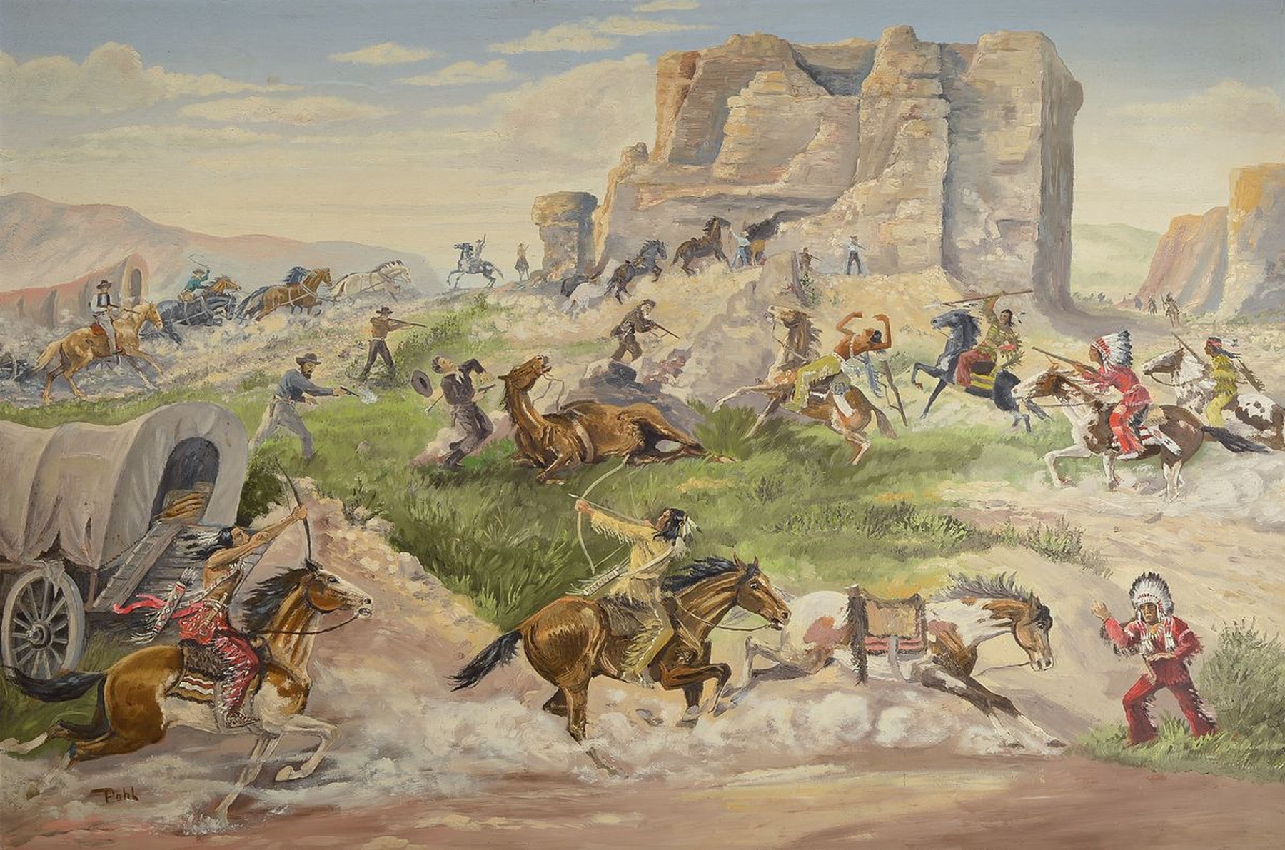 Pohl, Künstler der 1950er Jahre, vielfigurige Schlacht zwischen Cowboys und Indianern, Öl/Malkarton, links unten sign., ca. 80x120cm, R. ca. ...