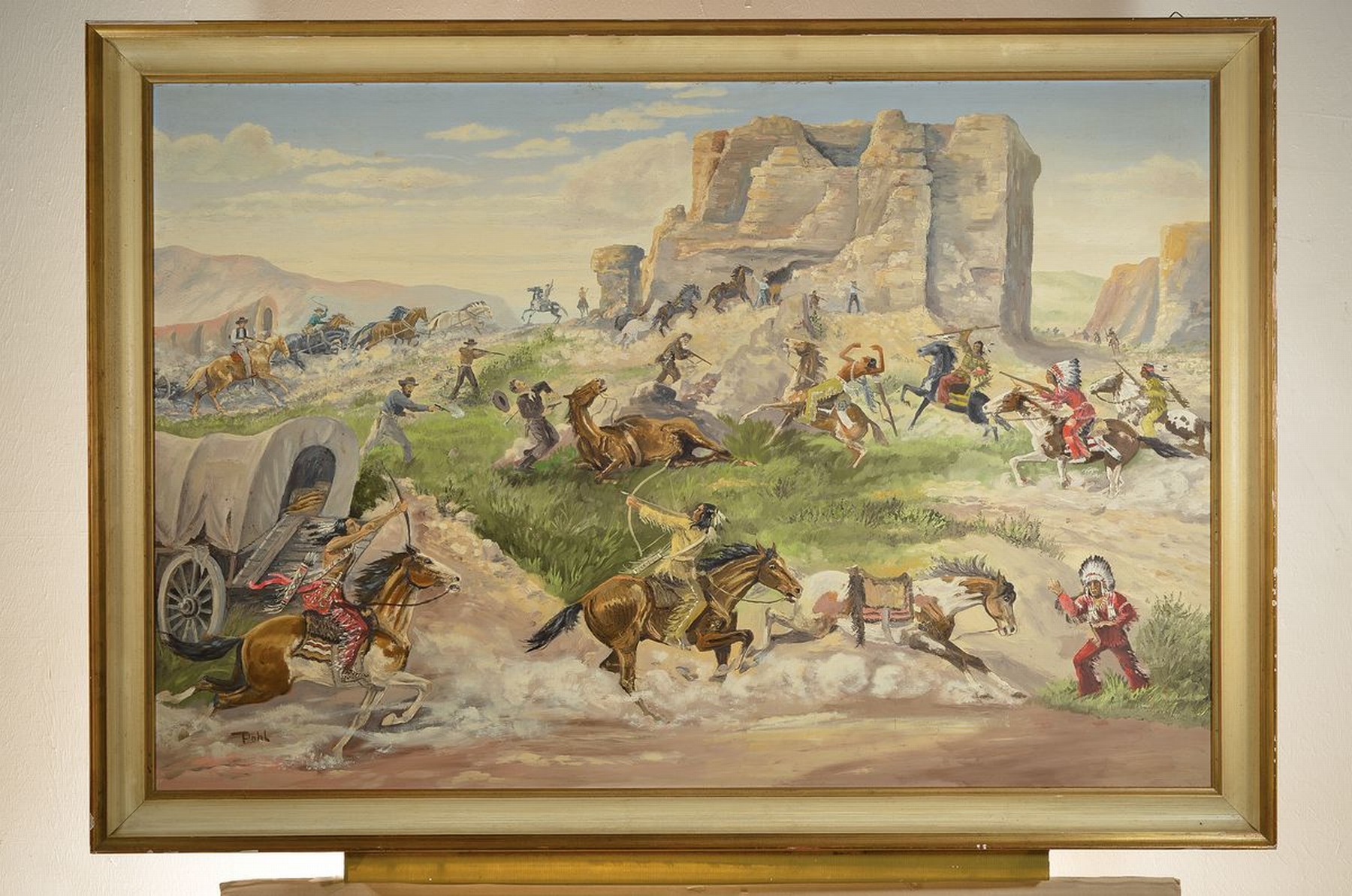 Detail k: Pohl, Künstler der 1950er Jahre, vielfigurige Schlacht zwischen Cowboys und Indianern, Öl/Malkarton, links unten sign., ca. 80x120cm, R. ca. ...
