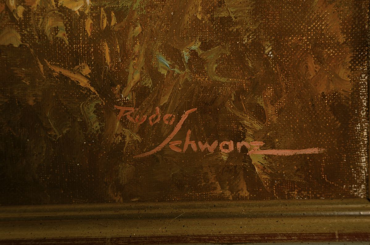 Detail a: Rudo Schwarz, 1906 Deutsch Gabel/Böhmen-1983 Heppenheim, Profilporträt eines Jägers vor weiter Landschaft mit Burg, Öl/Lwd, rechts unten ...