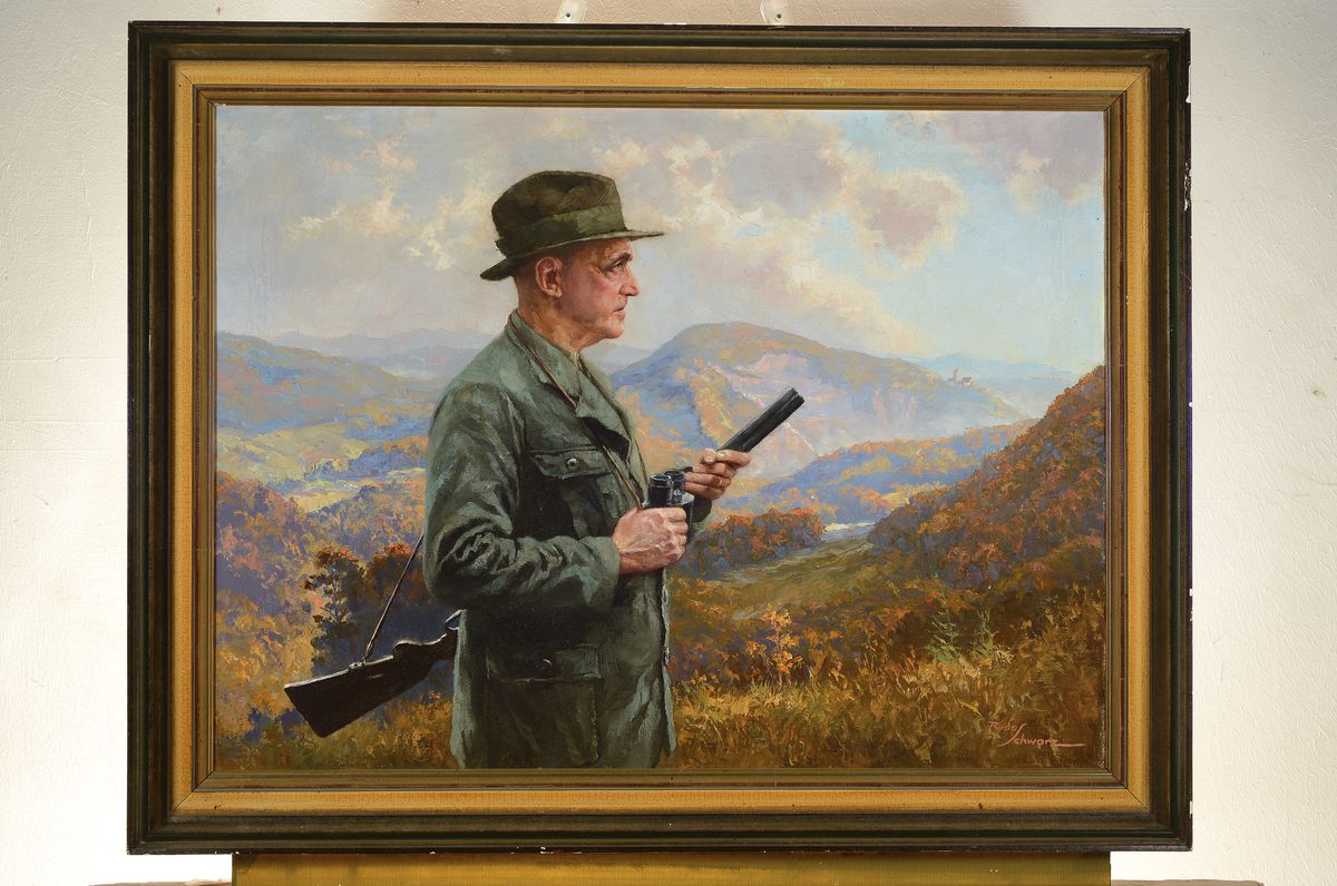 Detail k: Rudo Schwarz, 1906 Deutsch Gabel/Böhmen-1983 Heppenheim, Profilporträt eines Jägers vor weiter Landschaft mit Burg, Öl/Lwd, rechts unten ...