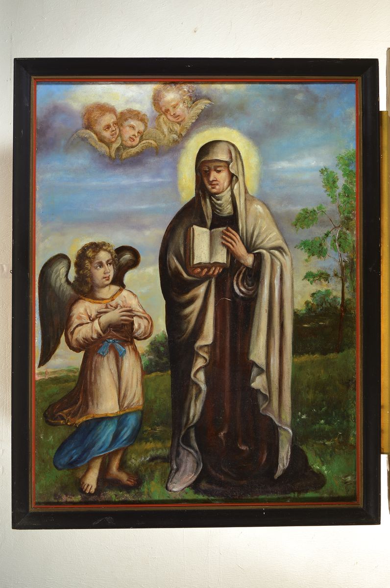 Detail k: Unbekannter Künstler, Frankreich, um 1870, Engel und Heilige mit Buch, Öl/Lwd, doubl., rest., ca. 96x72cm, R. ca. 106x82cm