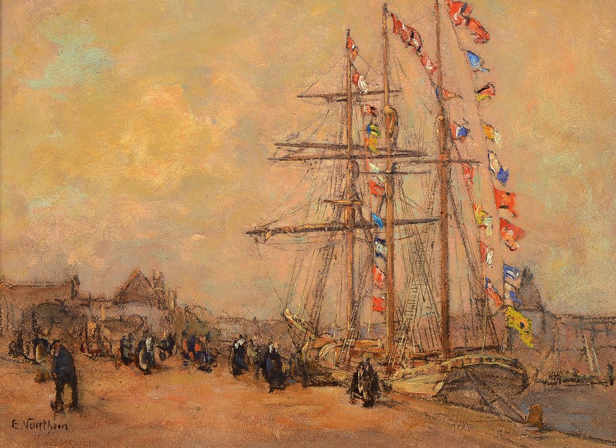 E. Sarrthien, wohl belgischer oder französischer Künstler, 30er Jahre, hier: Hafenansicht mit Personenstaffage, Öl/Platte, links unten signiert, ...
