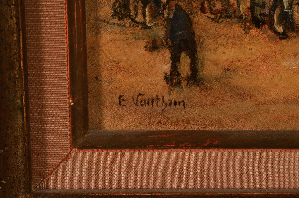Detail a: E. Sarrthien, wohl belgischer oder französischer Künstler, 30er Jahre, hier: Hafenansicht mit Personenstaffage, Öl/Platte, links unten signiert, ...