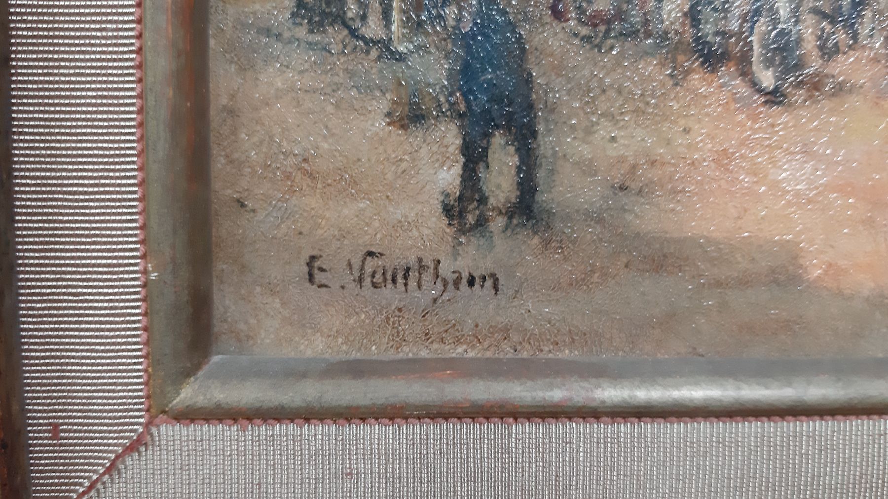 Detail c: E. Sarrthien, wohl belgischer oder französischer Künstler, 30er Jahre, hier: Hafenansicht mit Personenstaffage, Öl/Platte, links unten signiert, ...
