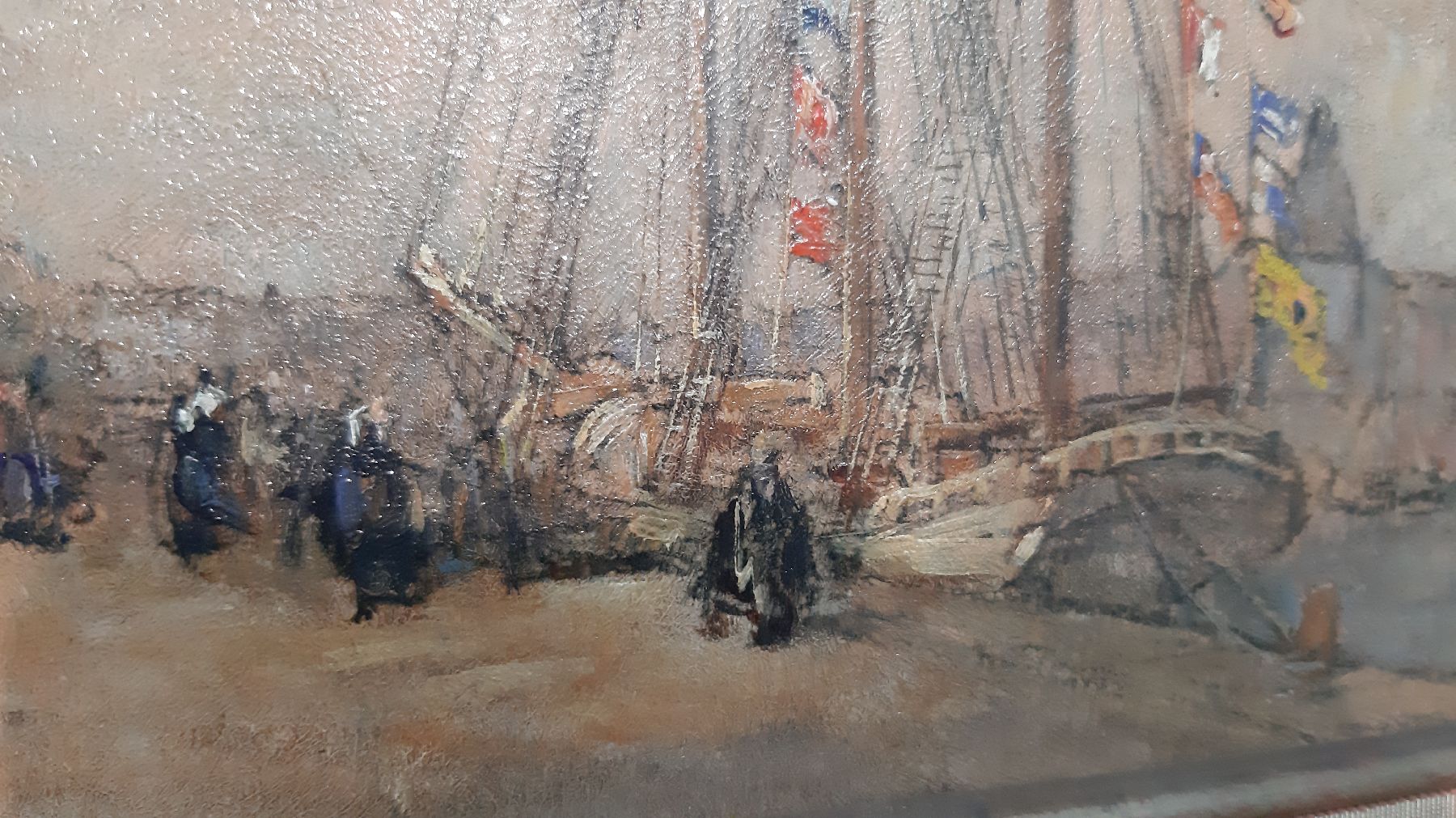 Detail e: E. Sarrthien, wohl belgischer oder französischer Künstler, 30er Jahre, hier: Hafenansicht mit Personenstaffage, Öl/Platte, links unten signiert, ...