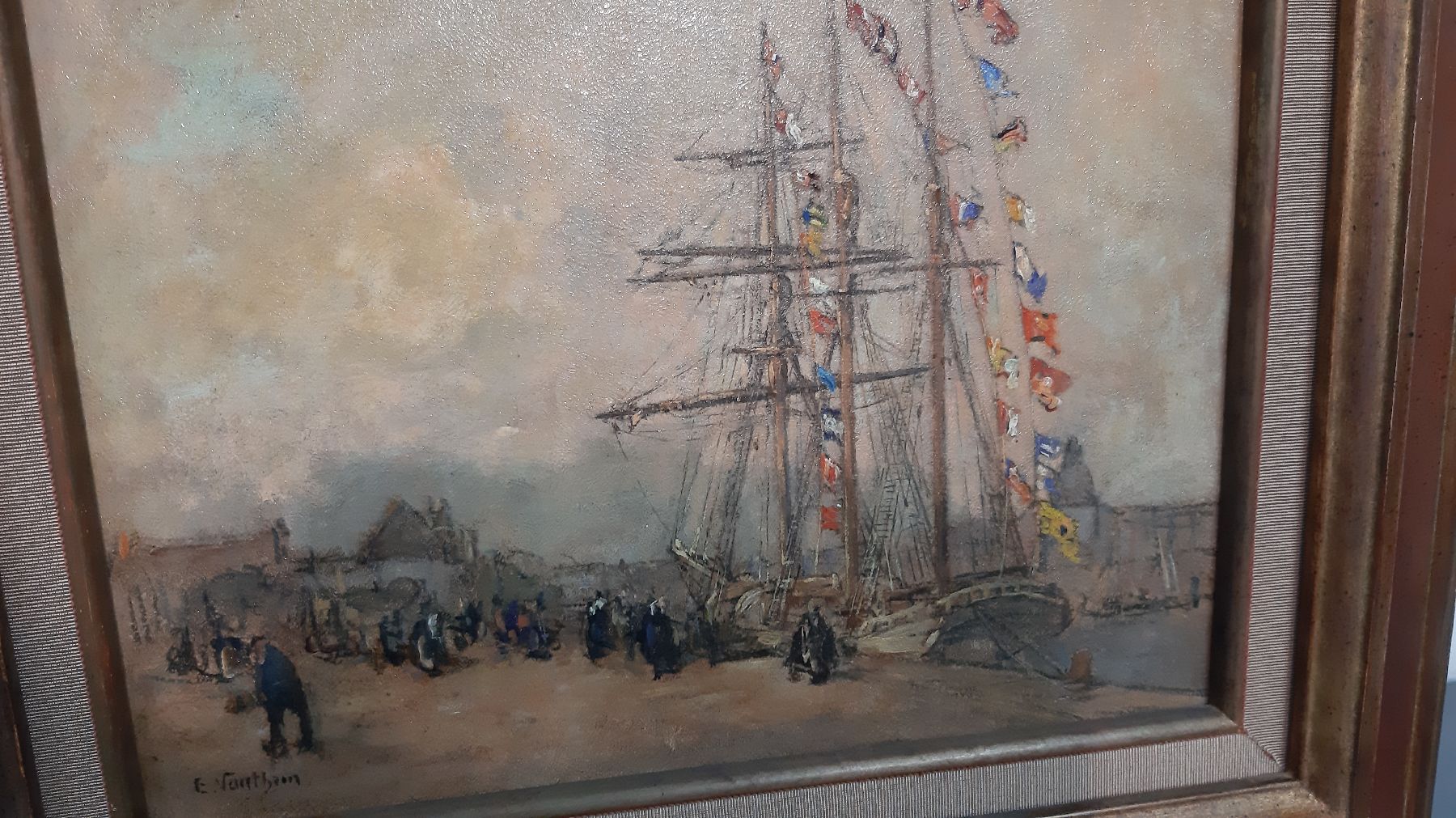 Detail f: E. Sarrthien, wohl belgischer oder französischer Künstler, 30er Jahre, hier: Hafenansicht mit Personenstaffage, Öl/Platte, links unten signiert, ...