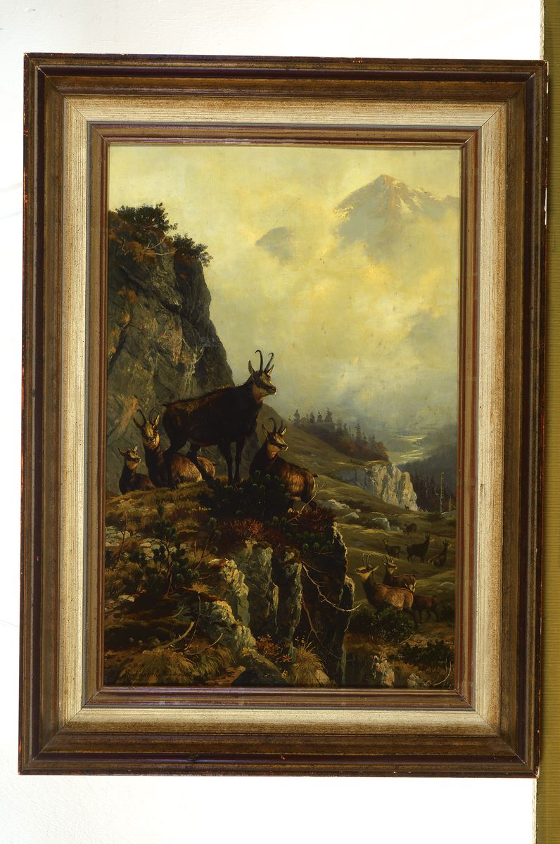 Detail k: Otto Recknagel, 1845 Eisfeld-1926 München, Gemsen in der Felswand, Öl/Holz, links unten signiert: Otto Recknagel München 1882, ca. 49x32.5cm, R. ...