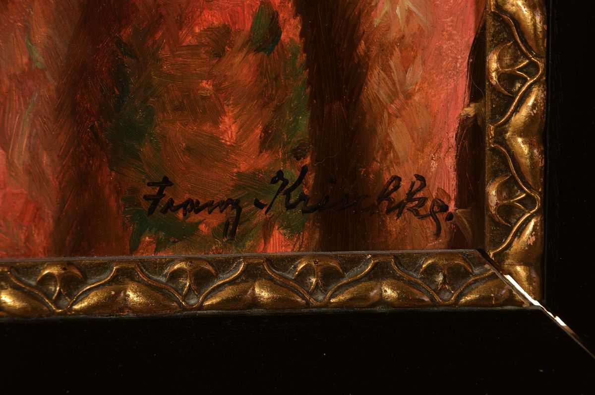Detail a: Franz Krischke, 1885 Becka/Ungarn-1960 Wien, Stillleben mit Portaluhr, Zeichnung, Buch und Blumen, Öl/Holz, rechts unten signiert, ca. 55x48cm, R. ...