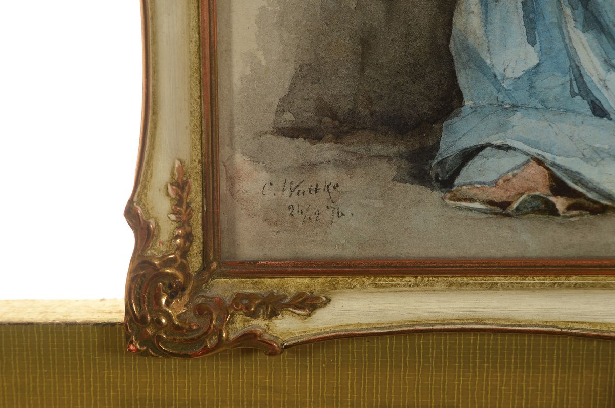 Detail a: Carl Wuttke, 1849 Trenitz - 1927 München, lesende Dame, Aquarell, li. unten signiert C. Wuttke, dat. 24/12 76, l. Altersspuren, ca. 19x 20.5 cm, ...