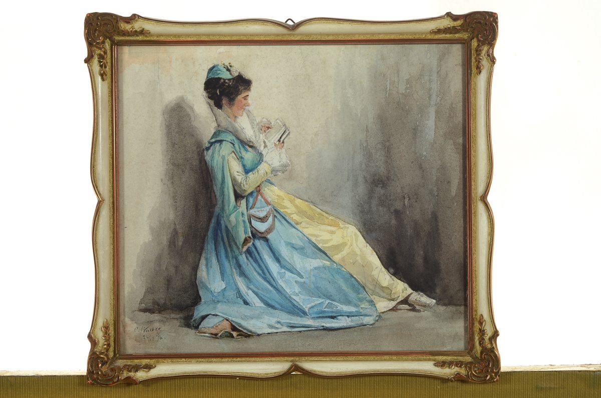Detail k: Carl Wuttke, 1849 Trenitz - 1927 München, lesende Dame, Aquarell, li. unten signiert C. Wuttke, dat. 24/12 76, l. Altersspuren, ca. 19x 20.5 cm, ...
