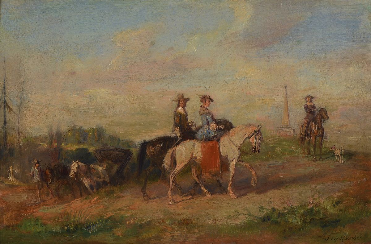 Alfred Friedländer, 1860 Wien - 1927/33 Wien, rastende Reiter, re. unten signiert, ca. 20.5 x 31.5 cm, Rahmen: 37 x 48 cm, l. Altersspuren