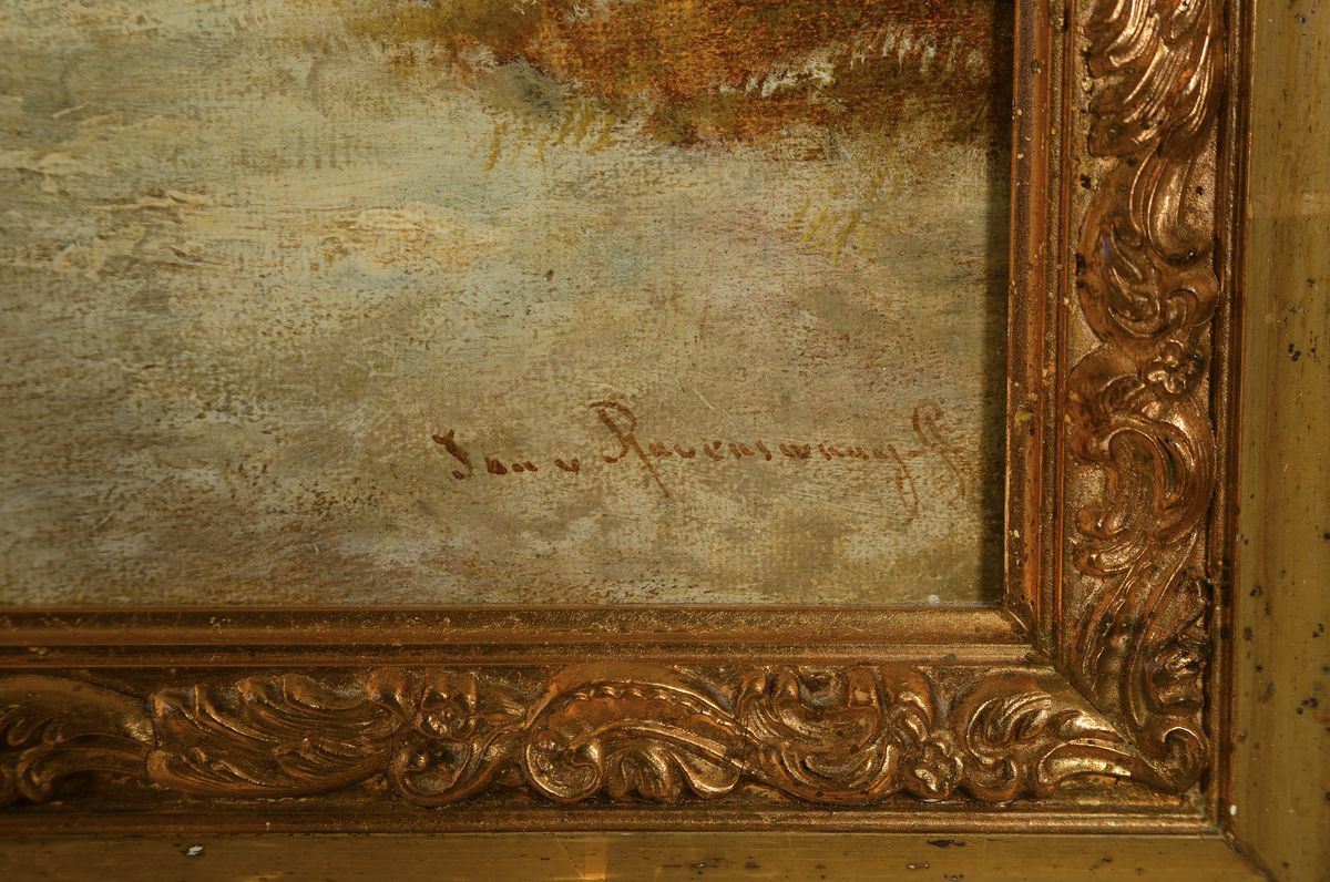 Detail a: Jan van Ravenszwaay, 1789 Hilversum - 1869, niederländischer Landschafts- und Tiermaler, niederländische Winterlandschaft/Eisvergnügen, ...