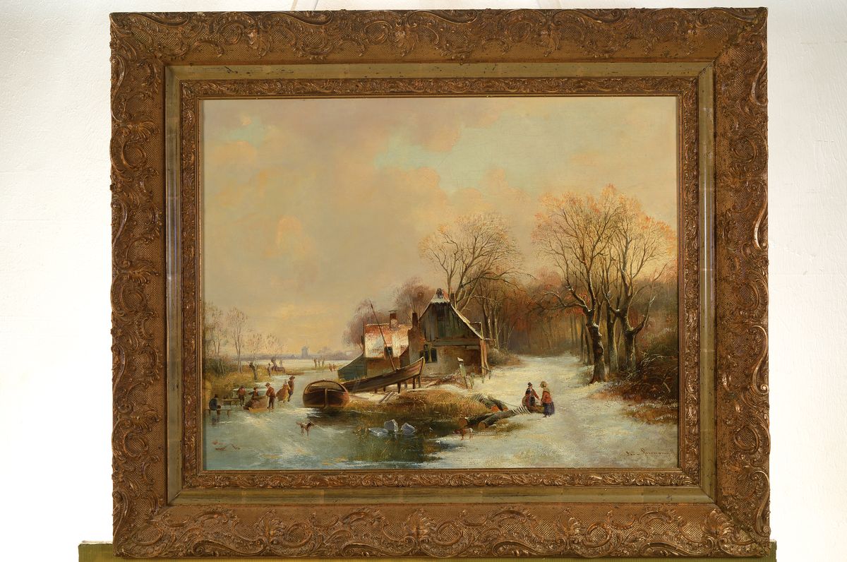 Detail k: Jan van Ravenszwaay, 1789 Hilversum - 1869, niederländischer Landschafts- und Tiermaler, niederländische Winterlandschaft/Eisvergnügen, ...