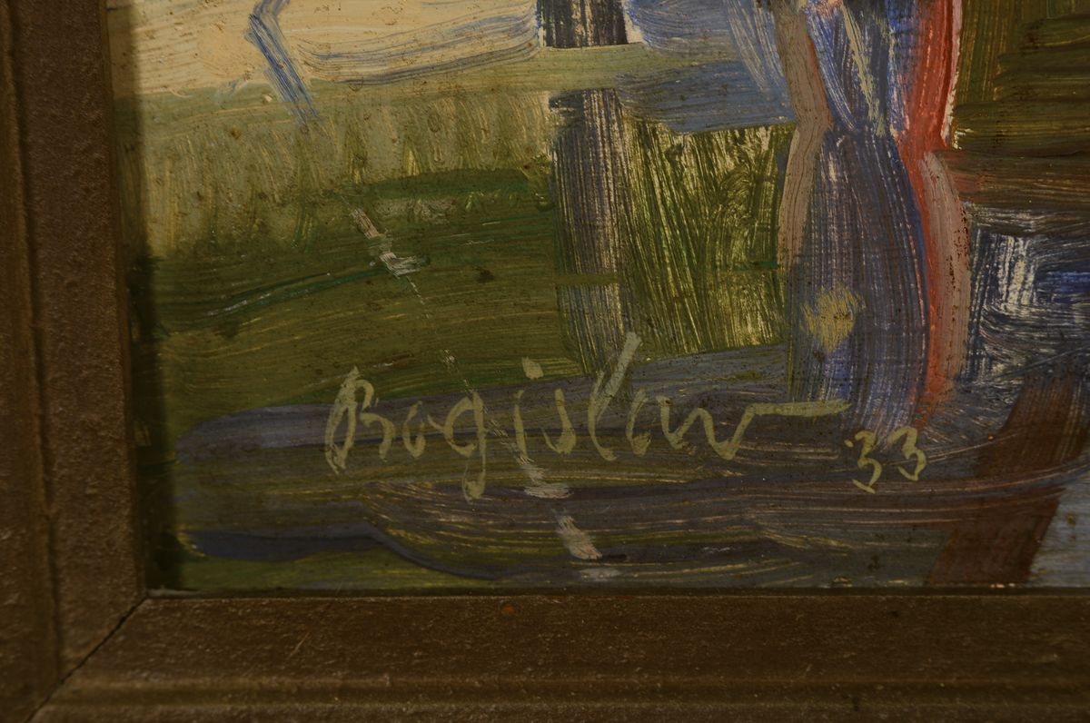 Detail a: Bogislav Groos, 1905 Trier-1969 Karlsruhe, Bei Knielingen, Öl/Malkarton, links unten signiert und dat. 33, rückseitig nochmals signiert und datiert ...