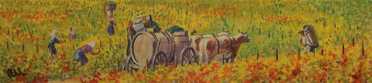 Rolf Müller-Landau, 1903-1956, Weinleseszene, Öl/Papier, links unten monogrammiert, mehrfach knitterfaltig, ca. 14x66cm