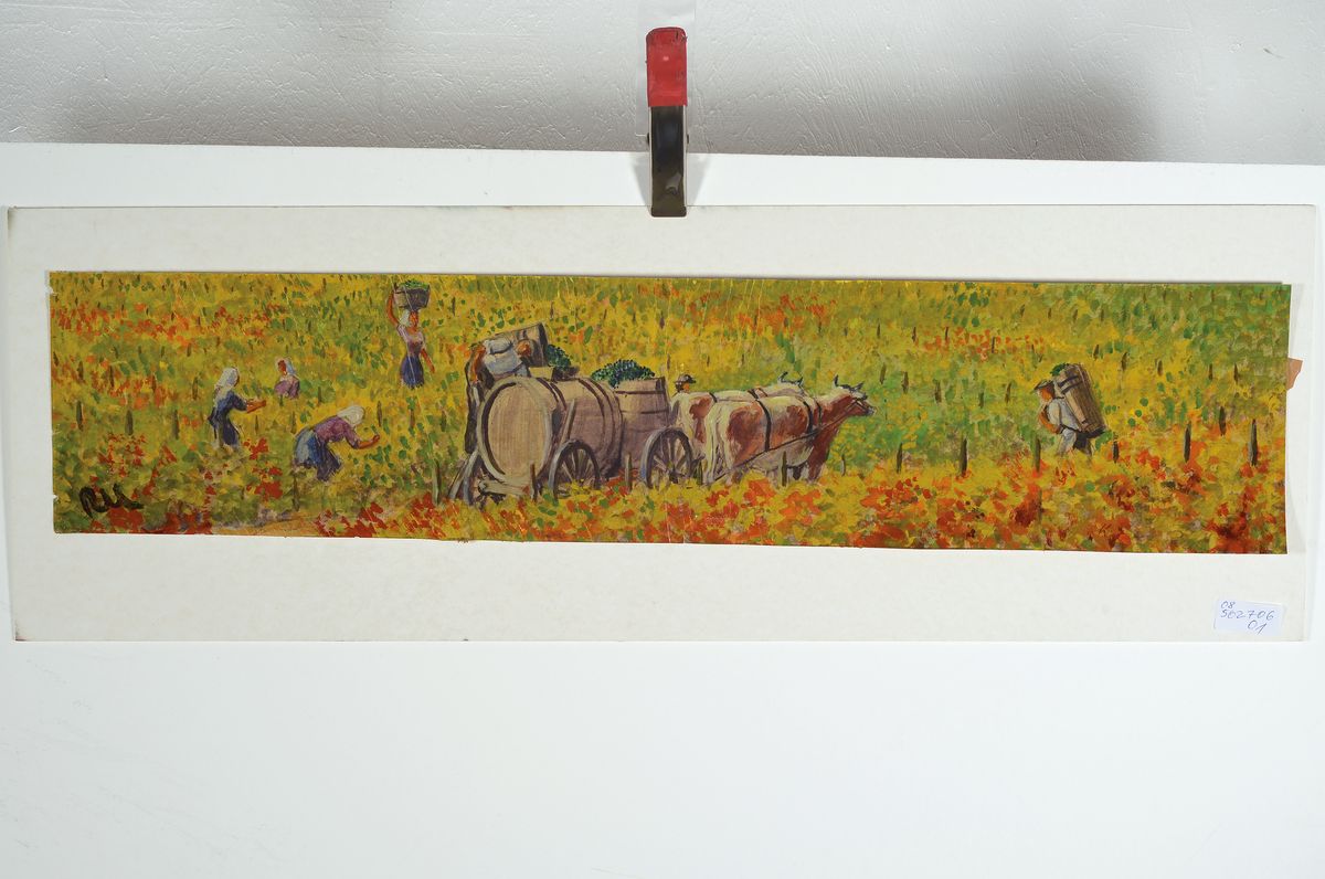Detail k: Rolf Müller-Landau, 1903-1956, Weinleseszene, Öl/Papier, links unten monogrammiert, mehrfach knitterfaltig, ca. 14x66cm