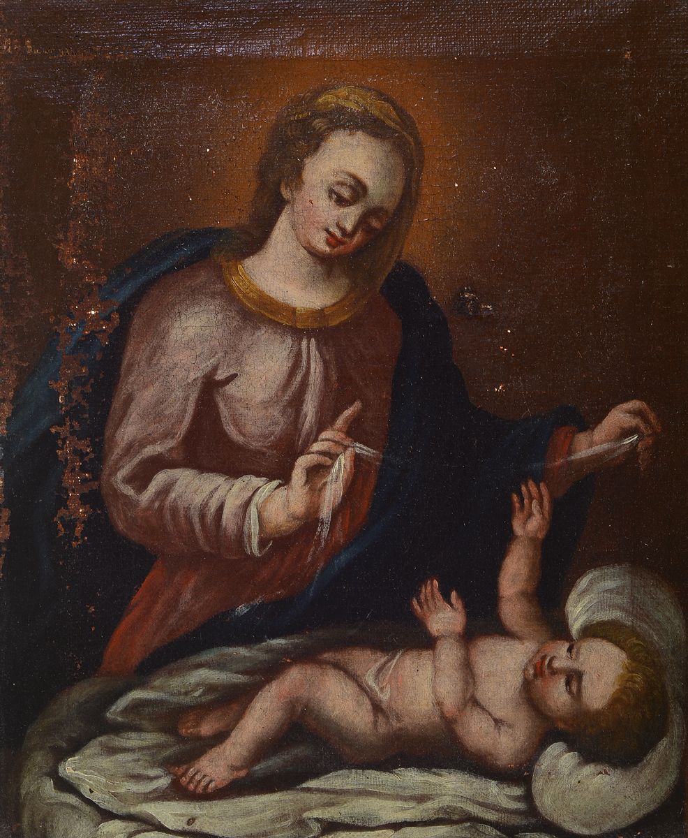 Unbekannter Künstler, süddeutsch, um 1800-1820, Maria mit dem Jesuskind, Öl/Lwd, besc., restaurierungsbedürftig, ca. 32x27cm, R.