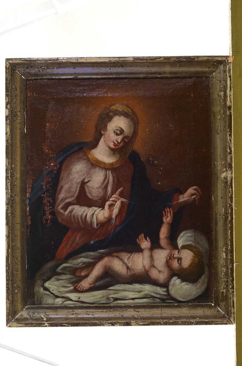 Detail k: Unbekannter Künstler, süddeutsch, um 1800-1820, Maria mit dem Jesuskind, Öl/Lwd, besc., restaurierungsbedürftig, ca. 32x27cm, R.