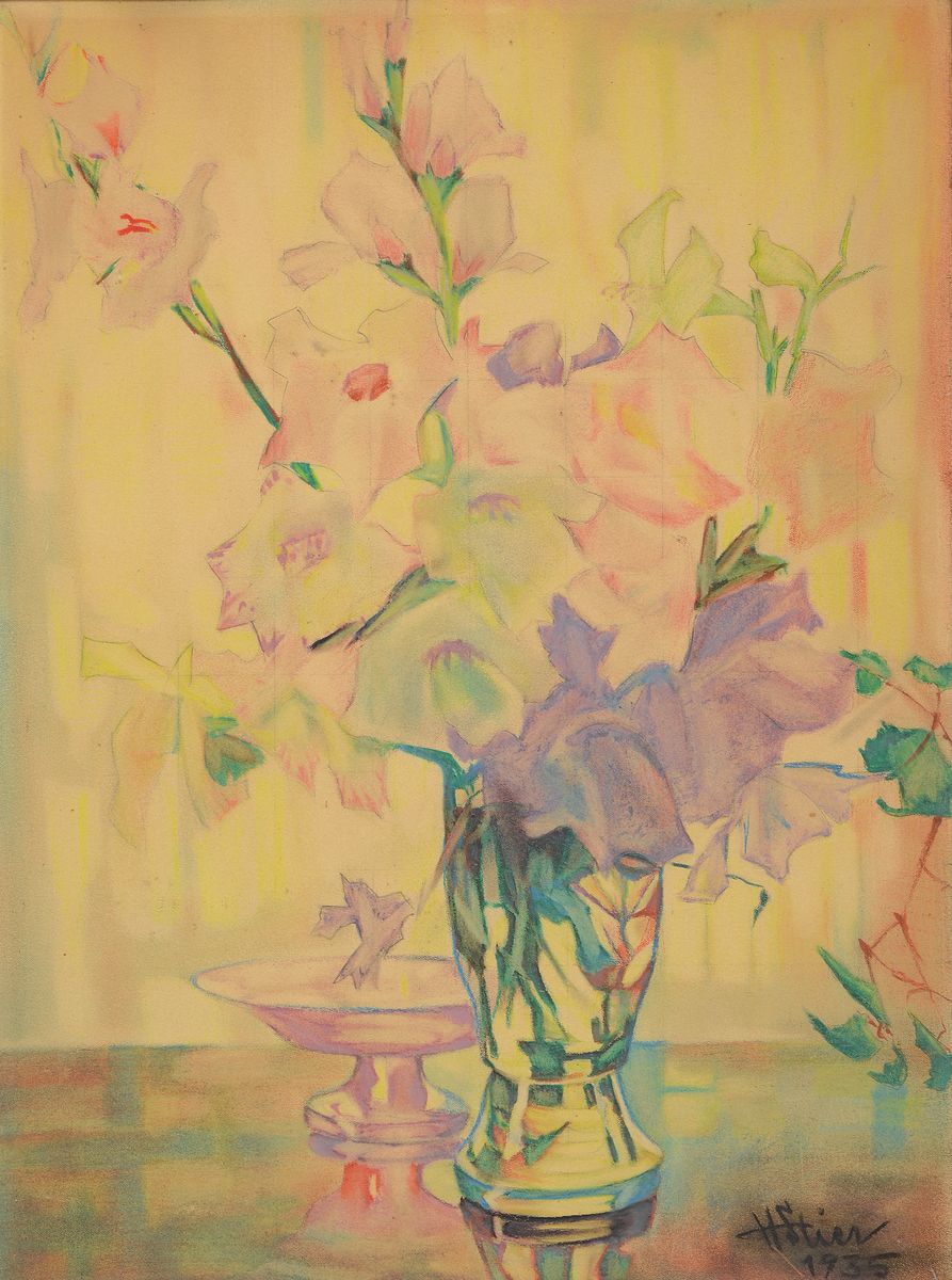 H. Stier, datiert 1935, Blumenstillleben, Aquarell auf Papier, rechts unten signiert und dat., ca. 54x39cm, u.Gl., R.