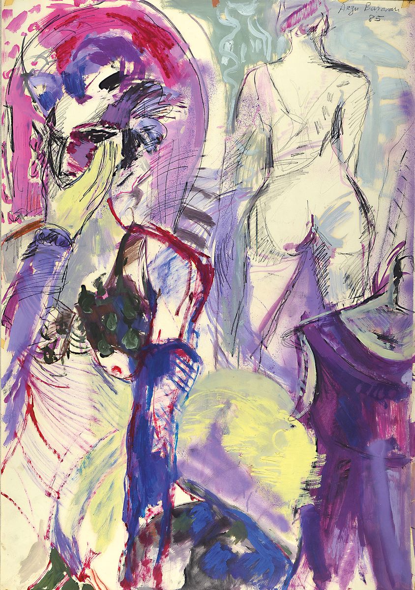 Arzu Basaran, geb. 1963, "two Figures", Aquarell/Papier, sign., dat. 85, unter Glas gerahmt, gesamt ca. 120x88 cm