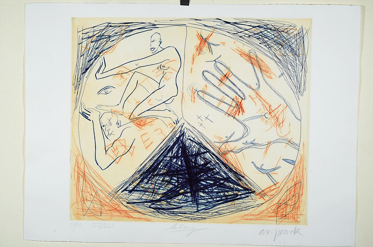 Detail k: A.R. Penck, 1939 Dresden-2017 Zürich, "Member", in Zusammenarbeit mit Helge Leiberg, Frank Breidenbruch, Radierung, handsign., num. 23/30, ...