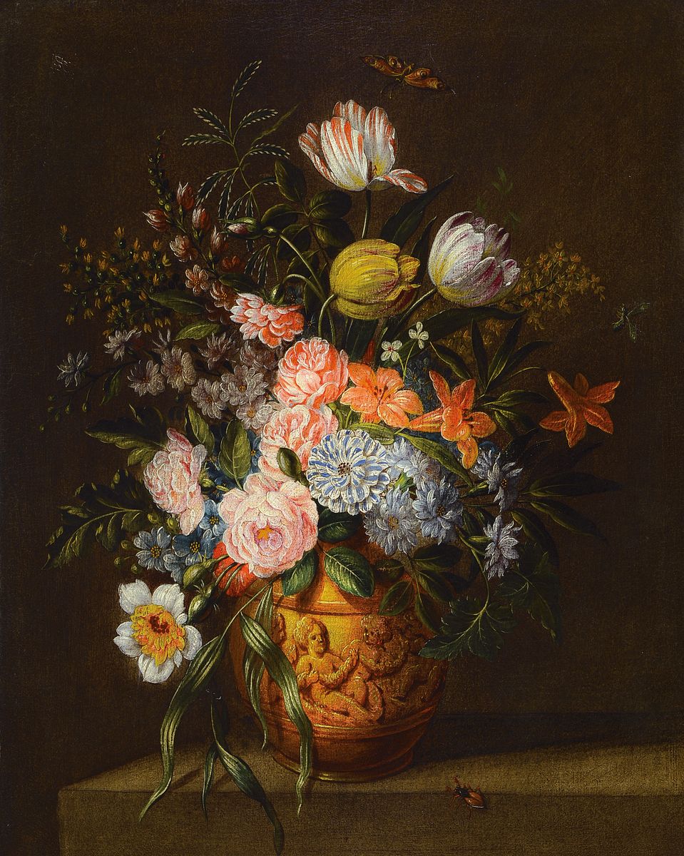 Wohl niederländischer Künstler, um 1870, Stillleben mit Schmetterling, nach Vorbild des 17. Jh., Öl/Lwd, l. krakeliert, ca. 75 x 60 cm, Rahmen ...