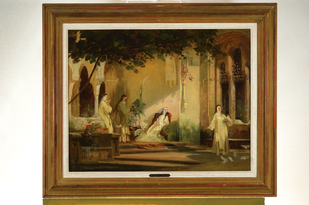 Detail k: August von Bayer, badischer Hofmaler und Konservator, 1803 Rorschbach - 1875 Karlsruhe, Klosterhof mit Ordensfrauen, feine Lichtführung, re.u. ...