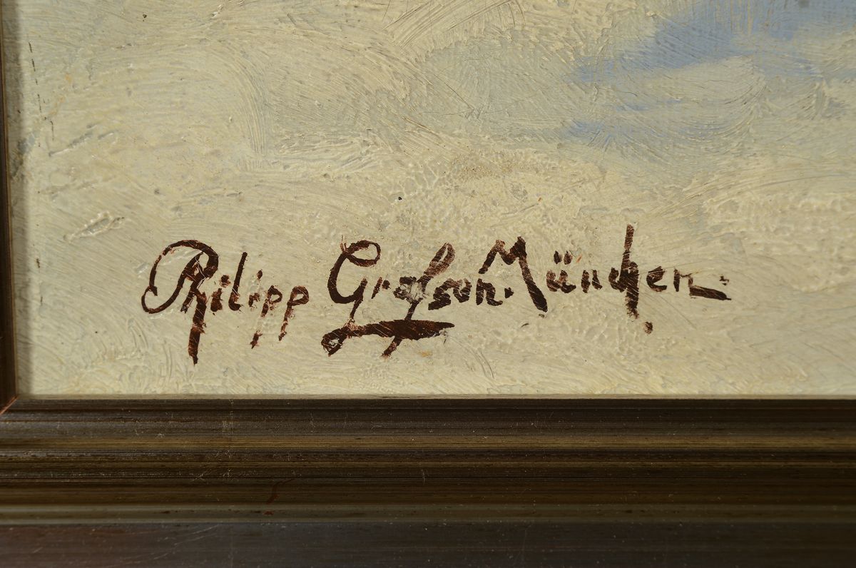 Detail a: Philipp Graf sen., 1874 Würzburg - 1947 Prien am Chiemsee, sonniger Wintertag in den Alpen, gekonnte Lichtführung, Öl/Lwd, li. unten signiert und ...