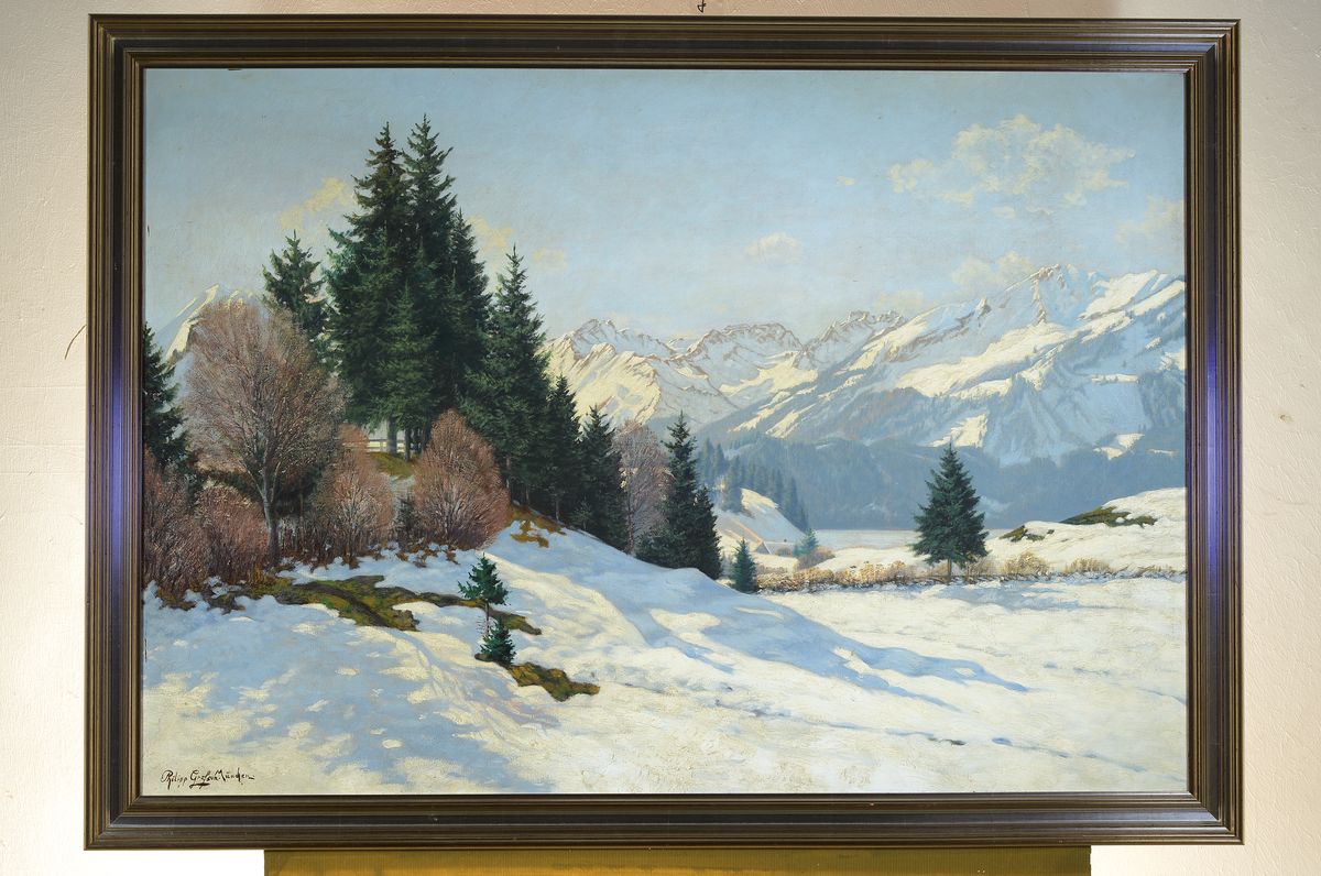 Detail k: Philipp Graf sen., 1874 Würzburg - 1947 Prien am Chiemsee, sonniger Wintertag in den Alpen, gekonnte Lichtführung, Öl/Lwd, li. unten signiert und ...