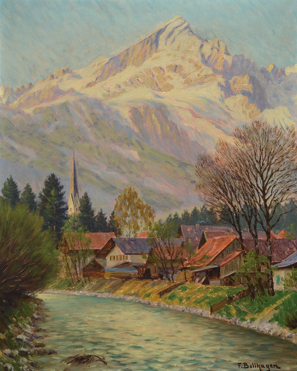 Franz Wilhelm Bollhagen, 1881-1971, Dorf am Bach, Alpspitze in Garmisch, Öl/Lwd, rechts unten signiert, ca. 50x40cm, R. ca. 58x48cm