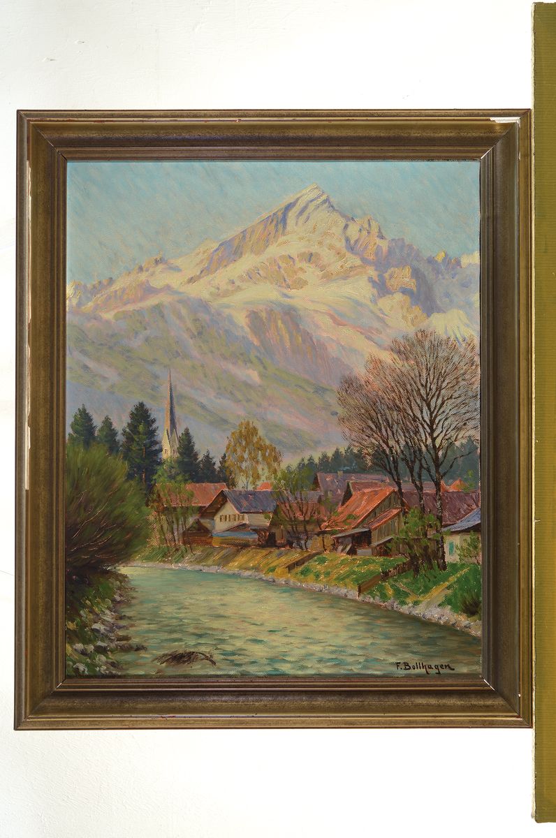 Detail k: Franz Wilhelm Bollhagen, 1881-1971, Dorf am Bach, Alpspitze in Garmisch, Öl/Lwd, rechts unten signiert, ca. 50x40cm, R. ca. 58x48cm