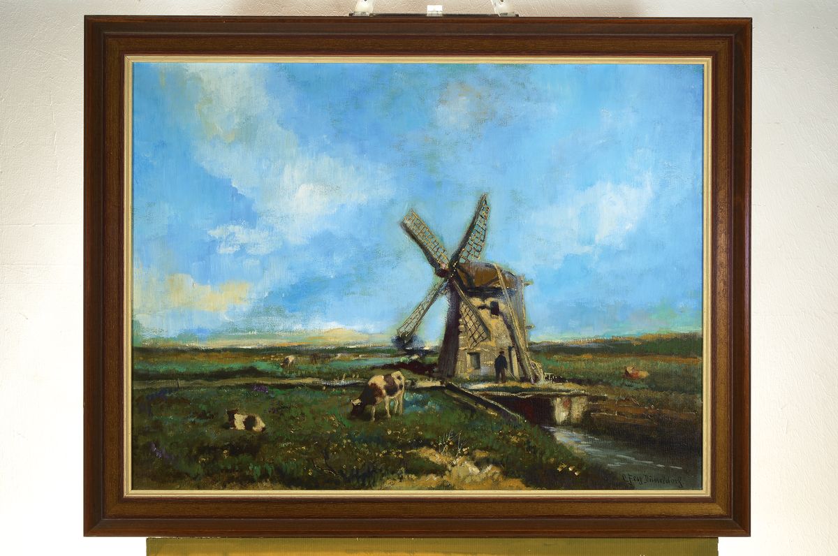Detail k: Carl Fey, 1867-1939 Düsseldorf, Windmühle in holländischer Landschaft, Öl/Lwd, rechts unten signiert. C. Fey Düsseldorf, ca. 60x80cm, R. ca. ...