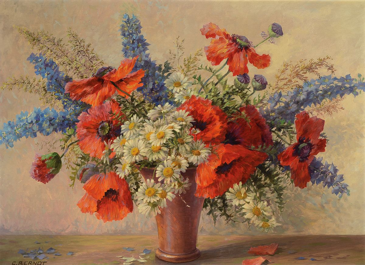 Carl Berndt, 1878-1950, Stillleben mit Margeriten, Mohnblumen und Rittersporn, Öl/Lwd, links unten signiert, ca. 60x80cm, R. ca. 76x97cm