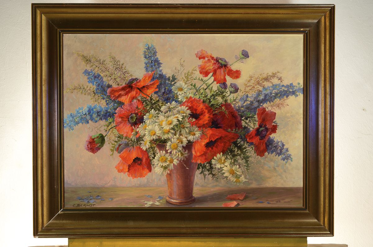 Detail k: Carl Berndt, 1878-1950, Stillleben mit Margeriten, Mohnblumen und Rittersporn, Öl/Lwd, links unten signiert, ca. 60x80cm, R. ca. 76x97cm