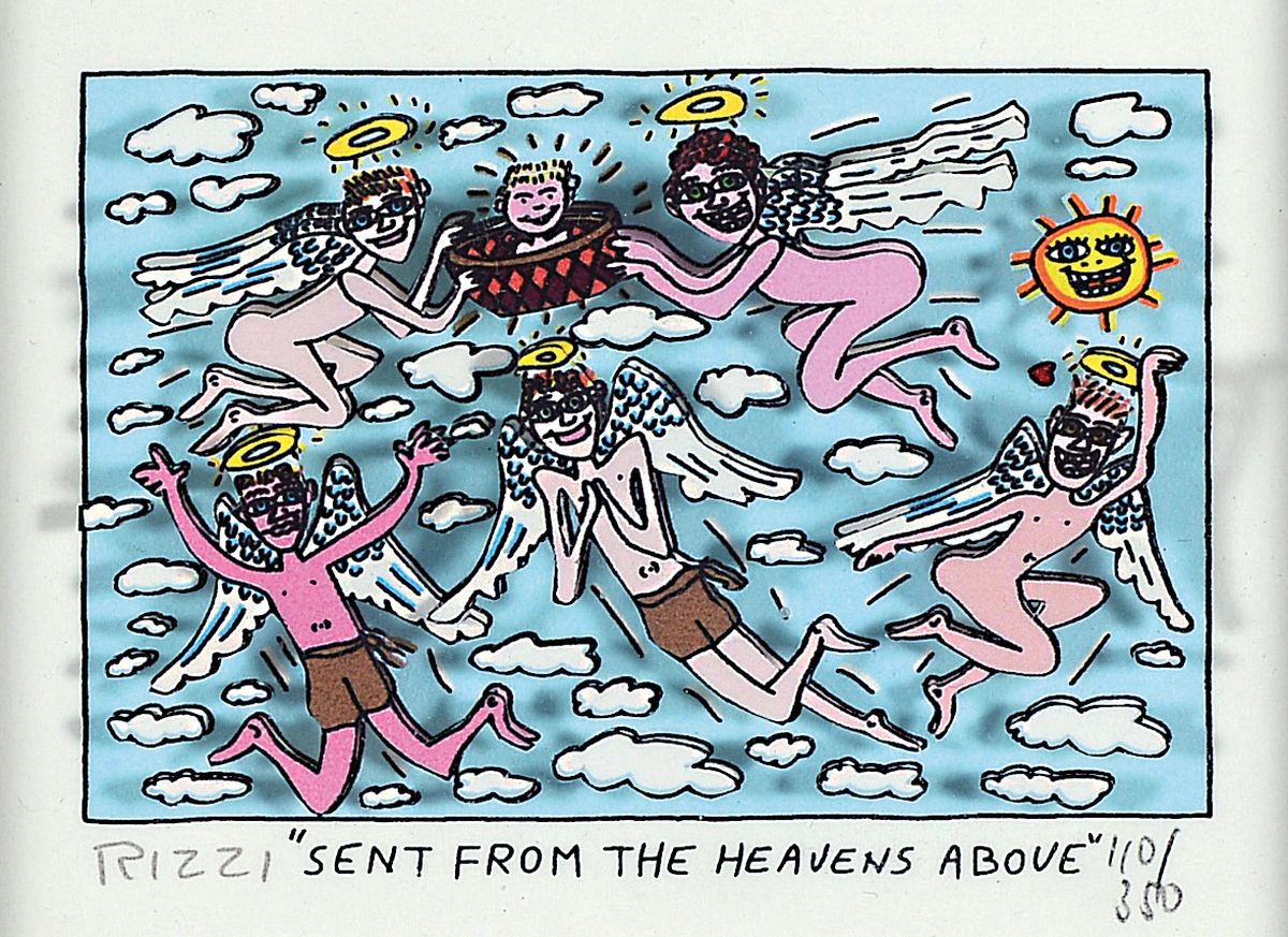 James Rizzi, 1950-2011, Sent from the heavens above, dreidimensionale Farblithographie, handsigniert und num. 110/ 350, ca. 5x7.5cm, PP, u.Gl., R. ...