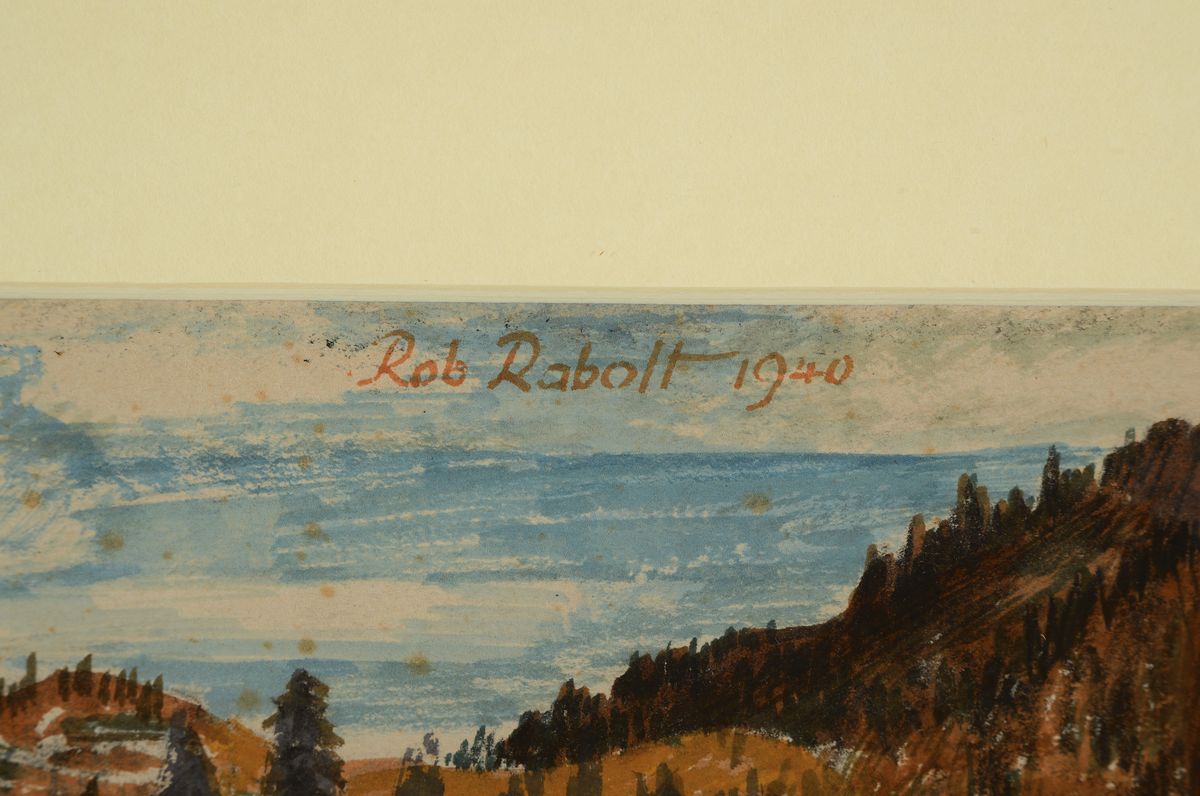 Detail a: Robert Rabolt, 1899 Frankfurt/M.-1974, Starnberg, Studium an der Akademie München, hier: Hütte in den bergen, Gouache auf Papier, mittig oben ...