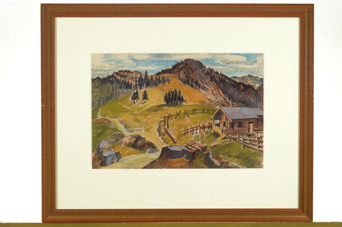 Detail k: Robert Rabolt, 1899 Frankfurt/M.-1974, Starnberg, Studium an der Akademie München, hier: Hütte in den bergen, Gouache auf Papier, mittig oben ...