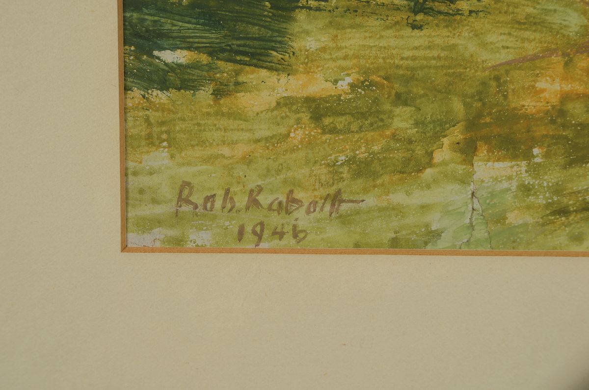 Detail a: Robert Rabolt, 1899 Frankfurt/M.-1974, Starnberg, Studium an der Akademie München, hier: Weite Landschaft mit Baumgruppen, Gouache auf Papier, links ...