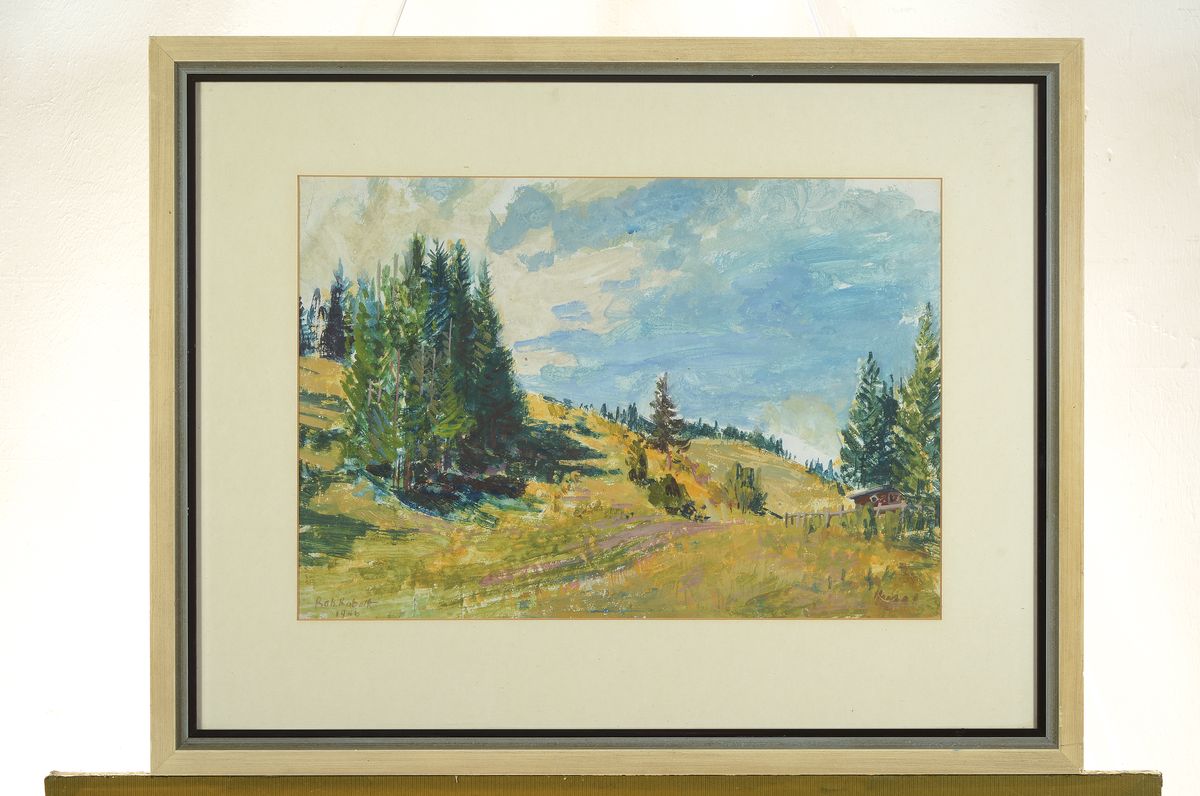Detail k: Robert Rabolt, 1899 Frankfurt/M.-1974, Starnberg, Studium an der Akademie München, hier: Weite Landschaft mit Baumgruppen, Gouache auf Papier, links ...