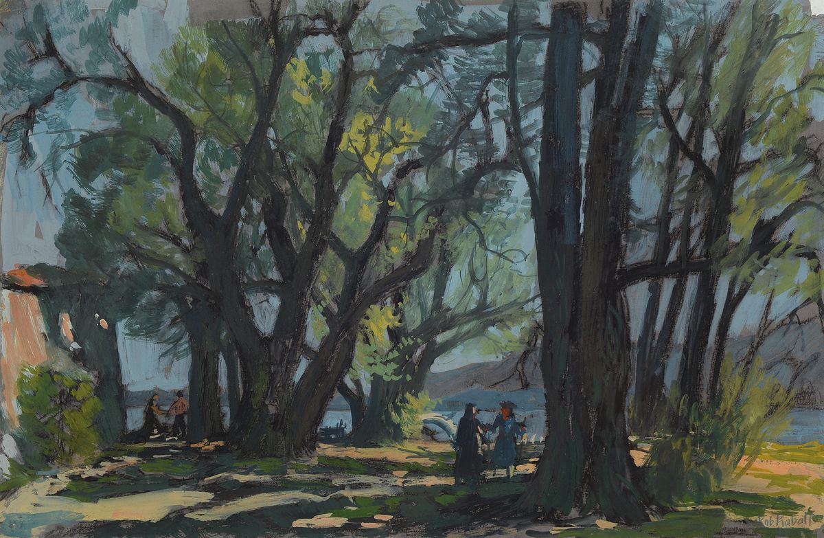 Robert Rabolt, 1899 Frankfurt/M.-1974, Starnberg, Studium an der Akademie München, hier: Personen unter Bäumen am Seeufer, Goauche auf Papier, ...