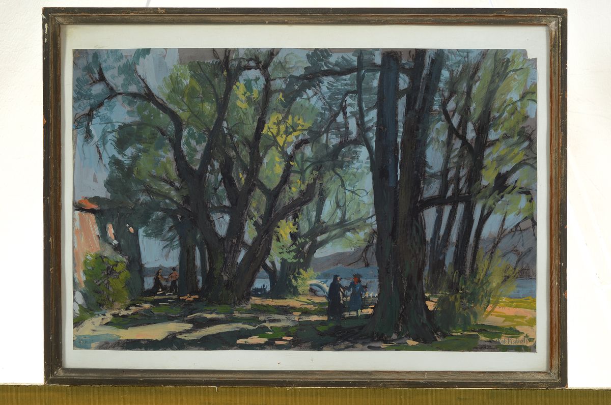 Detail k: Robert Rabolt, 1899 Frankfurt/M.-1974, Starnberg, Studium an der Akademie München, hier: Personen unter Bäumen am Seeufer, Goauche auf Papier, ...