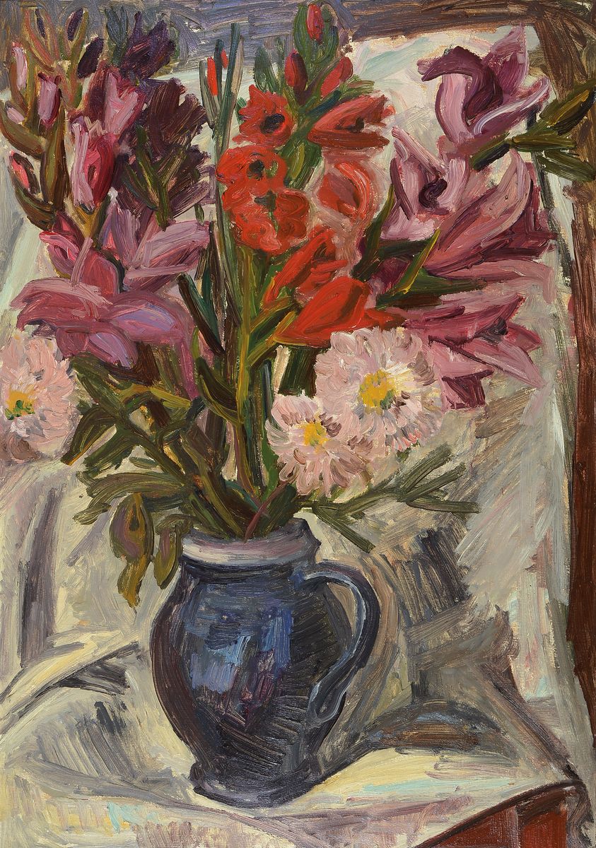 Robert Rabolt, 1899 Frankfurt/M.-1974, Starnberg, Studium an der Akademie München, hier: Blumen in blauem Krug, Öl/Malkarton, unsigniert, aus der ...
