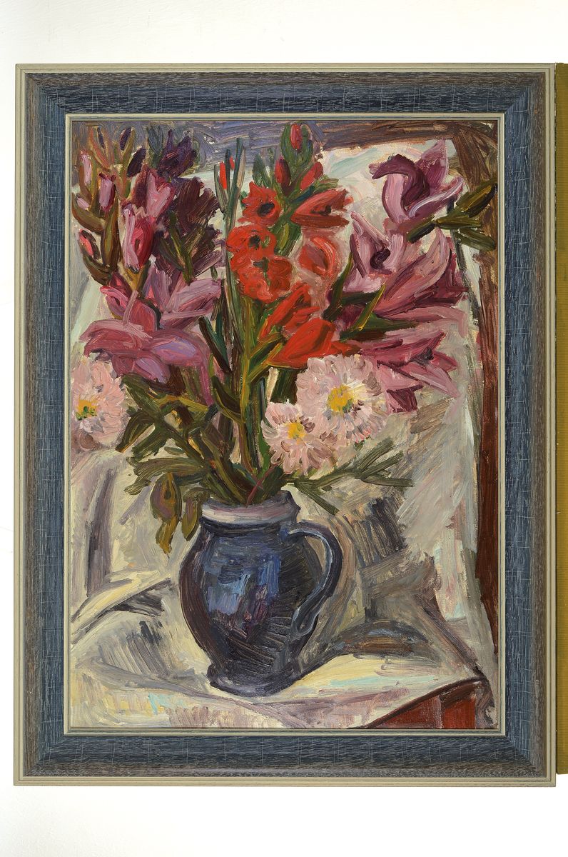 Detail k: Robert Rabolt, 1899 Frankfurt/M.-1974, Starnberg, Studium an der Akademie München, hier: Blumen in blauem Krug, Öl/Malkarton, unsigniert, aus der ...