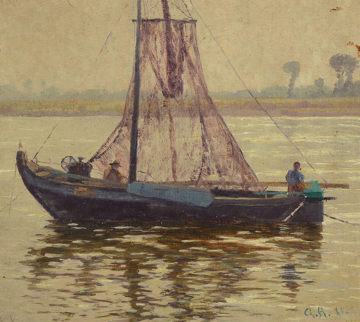 Alfred Rasenberger, 1885-1949, Fischerboot am Niederrhein, Öl/Hartfaser, rechts unten monogr. und dat. 11, ca. 28x32cm, Rahmen besch. ca. 41x44cm