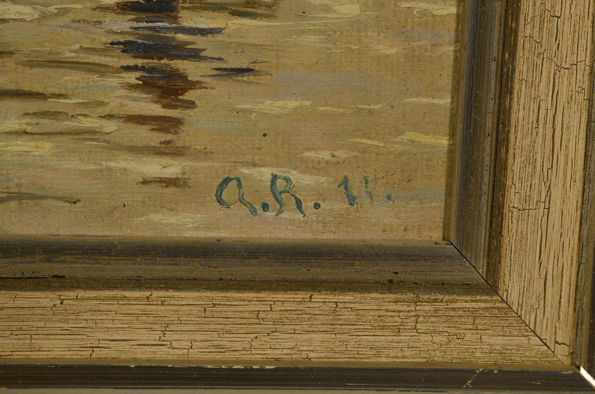 Detail a: Alfred Rasenberger, 1885-1949, Fischerboot am Niederrhein, Öl/Hartfaser, rechts unten monogr. und dat. 11, ca. 28x32cm, Rahmen besch. ca. 41x44cm