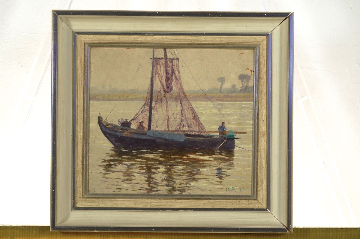 Detail k: Alfred Rasenberger, 1885-1949, Fischerboot am Niederrhein, Öl/Hartfaser, rechts unten monogr. und dat. 11, ca. 28x32cm, Rahmen besch. ca. 41x44cm