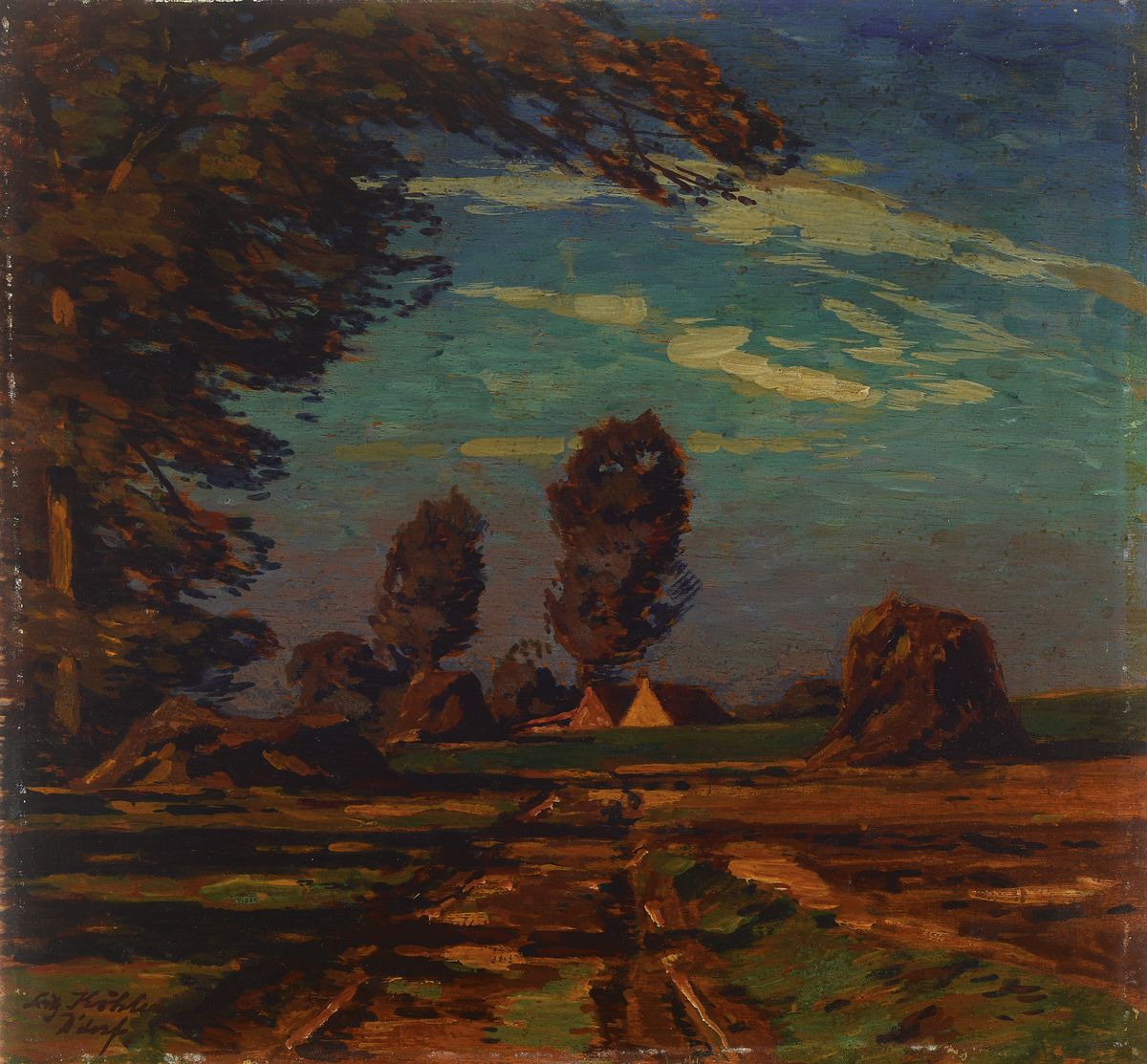 Fritz Köhler, 1887 Moritzburg-1971 Düsseldorf, Studium an der Kunstgewerbschule Weimar bei Max Thedy, hier: Nach der Ernte, Öl/Holz, links unten ...