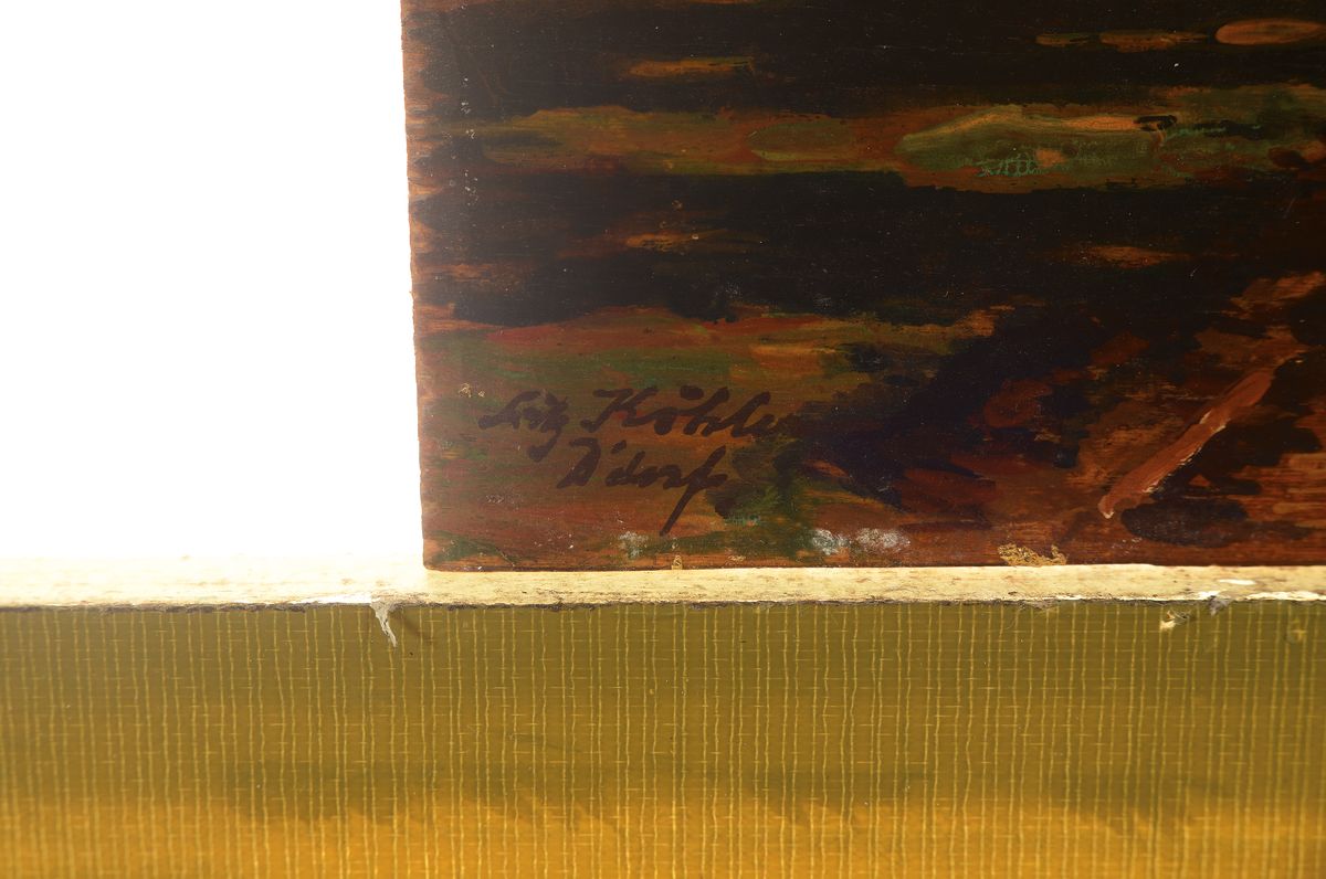 Detail a: Fritz Köhler, 1887 Moritzburg-1971 Düsseldorf, Studium an der Kunstgewerbschule Weimar bei Max Thedy, hier: Nach der Ernte, Öl/Holz, links unten ...