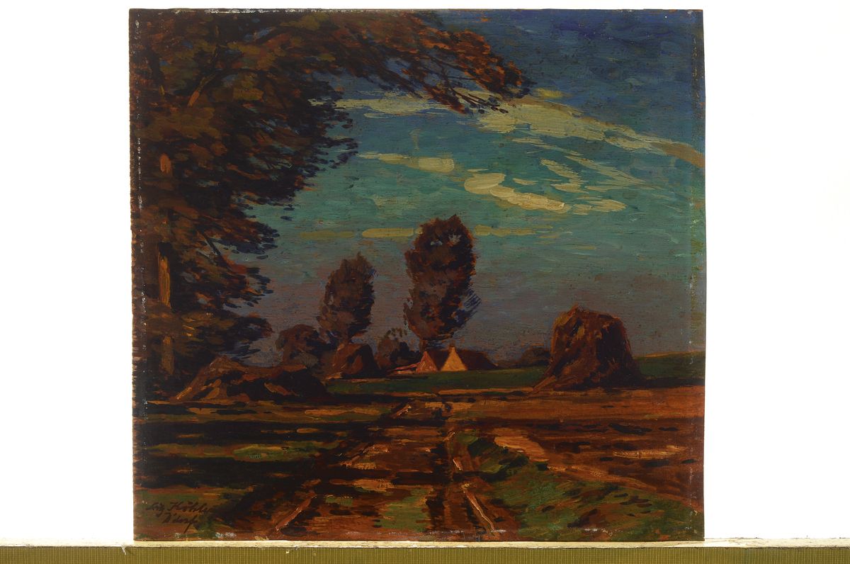 Detail k: Fritz Köhler, 1887 Moritzburg-1971 Düsseldorf, Studium an der Kunstgewerbschule Weimar bei Max Thedy, hier: Nach der Ernte, Öl/Holz, links unten ...