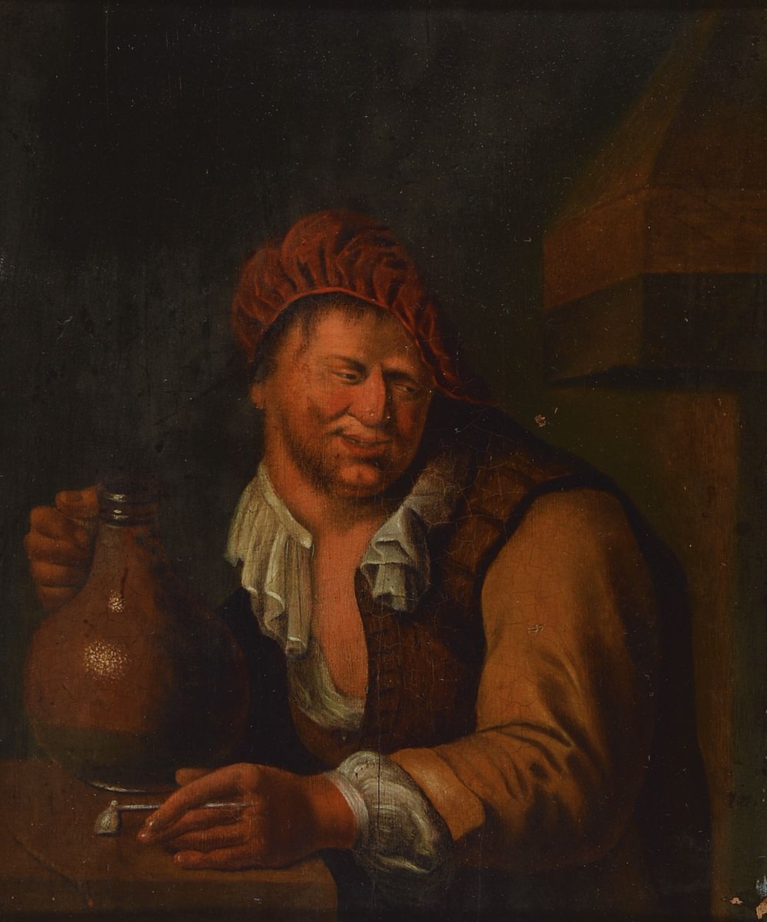 Unbekannter Maler, 2. Hälfte 18. Jh., Porträt eines Mannes mit Weinkrug und Tabakpfeife, Öl/Holz, doubliert, ca. 19x17cm, R. ca. 35x32cm